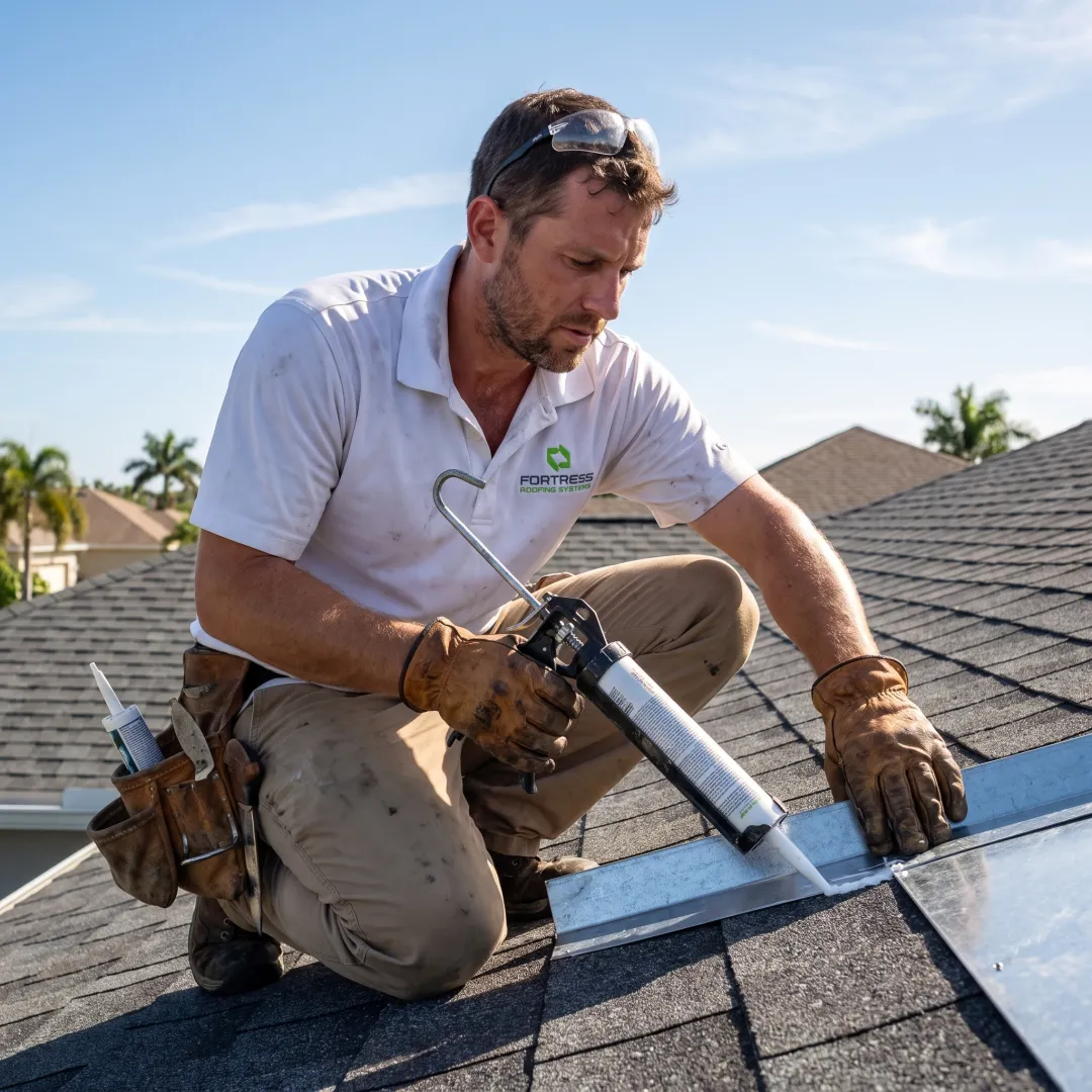 Technician repairing roof flashing