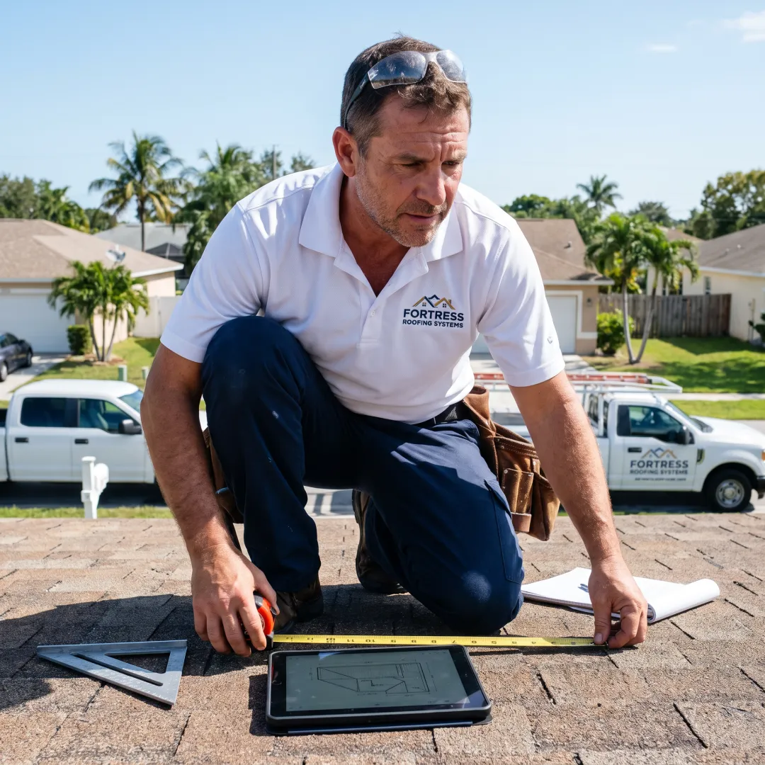Roofer measuring a metal roof for an estimate