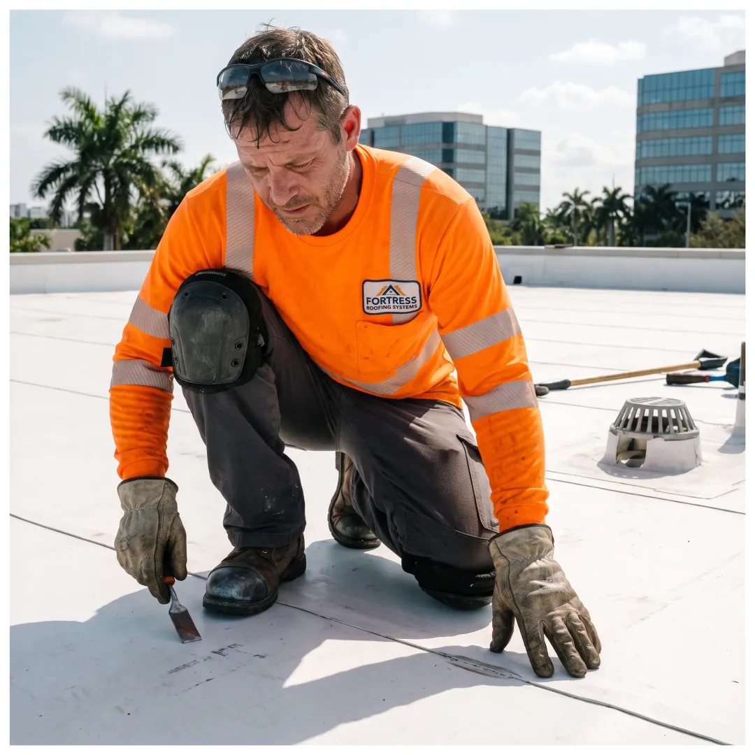 Commercial roofing professional inspecting a flat roof