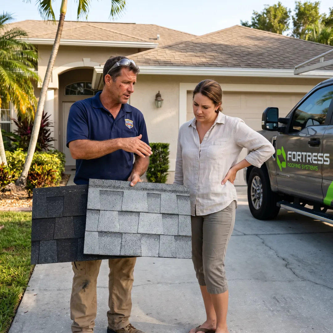 Roofing contractor reviewing new roof materials
