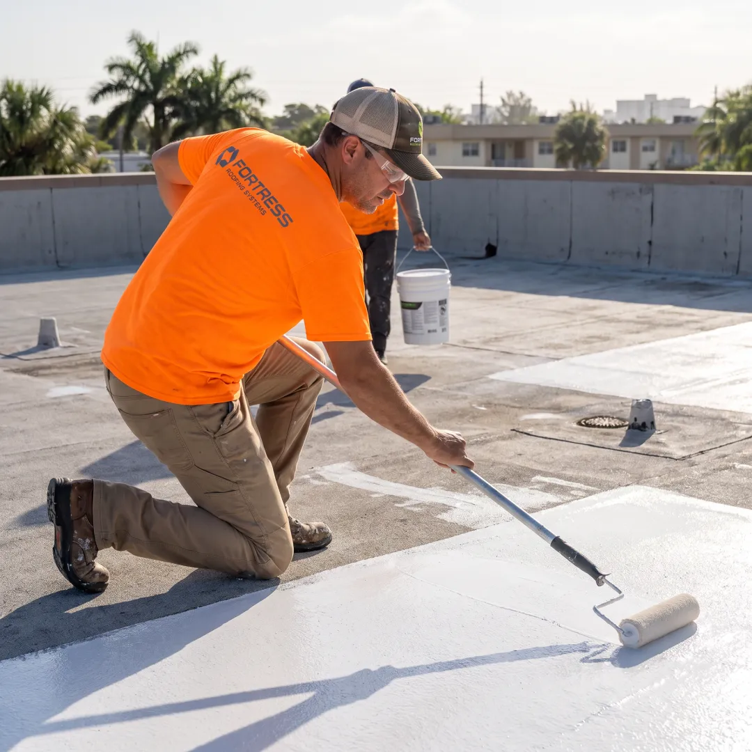 Crew applying commercial roof coating