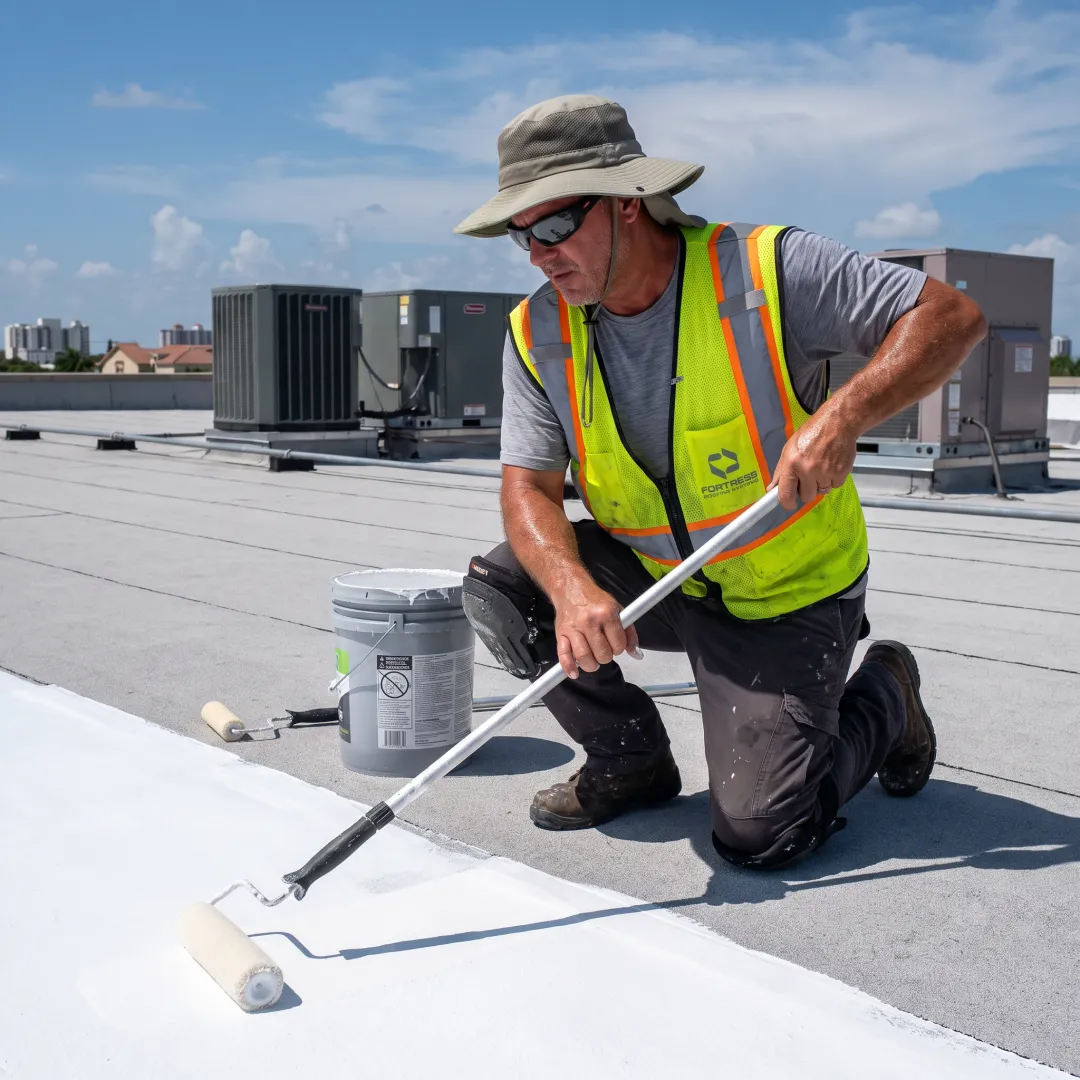 Roofer applying protective flat roof coating