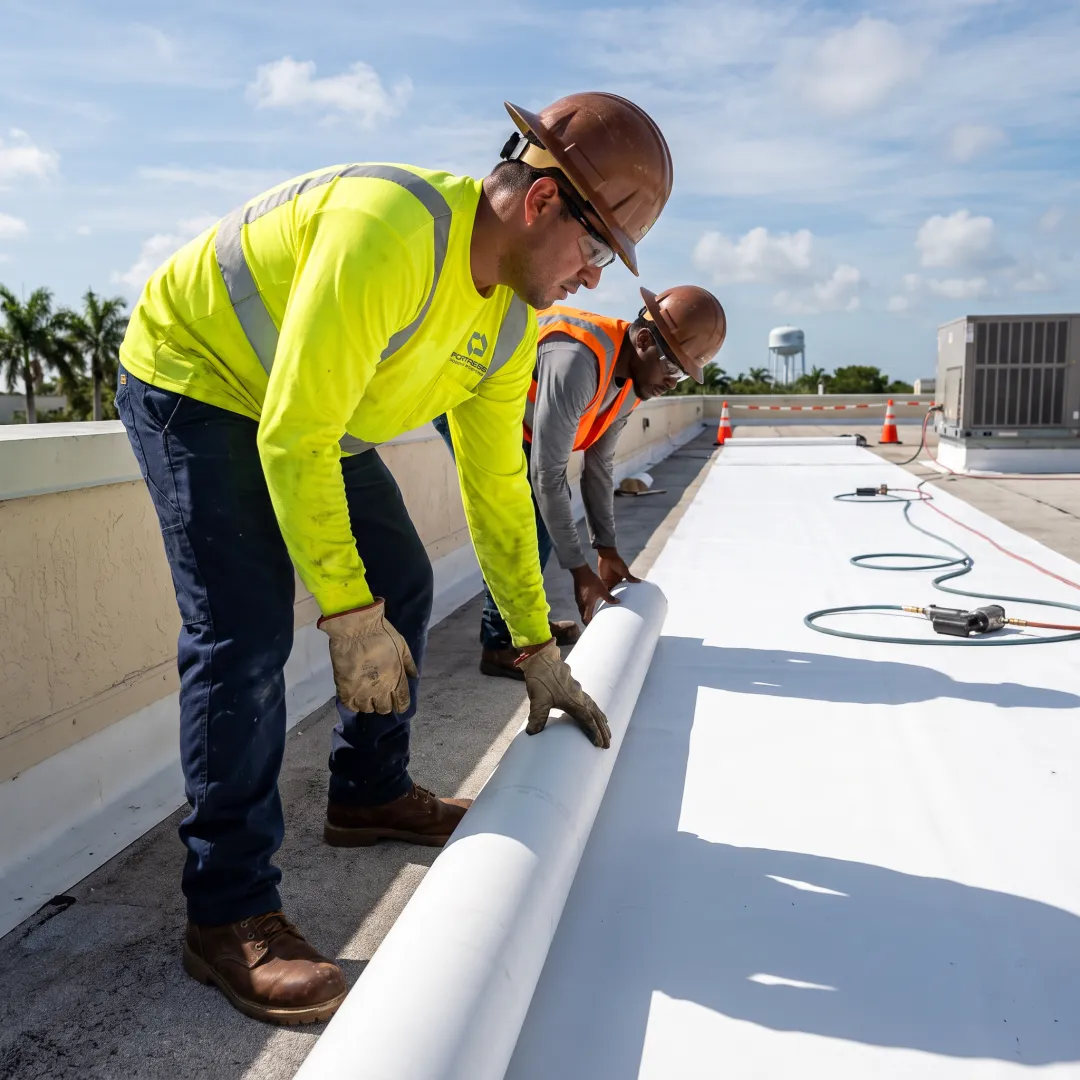 Commercial roofing crew installing roofing materials