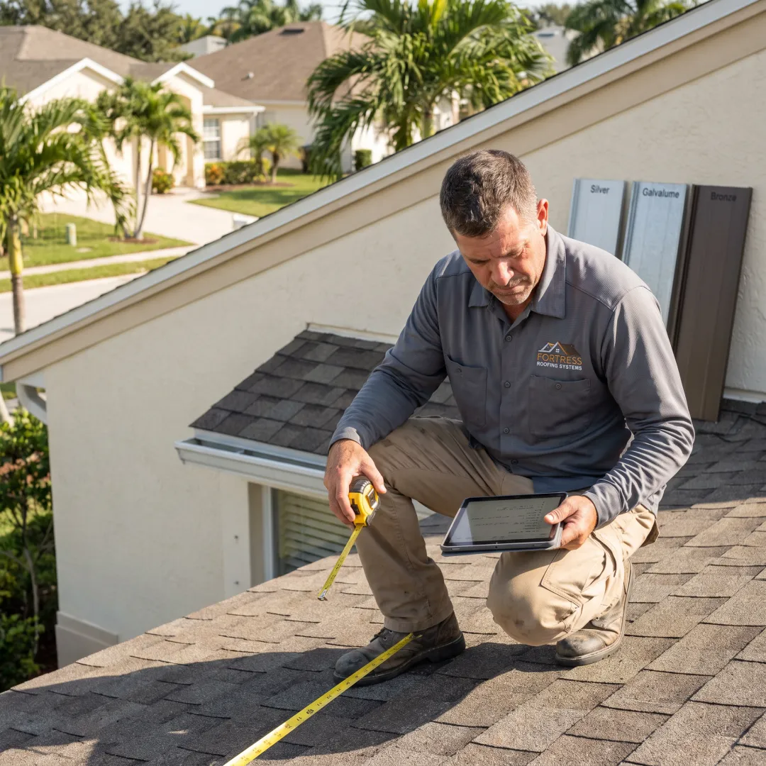 Installer measuring a roof for metal panels