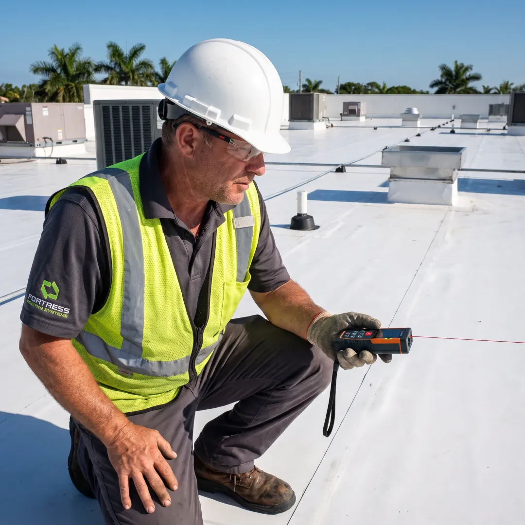 Technician reviewing a commercial healthcare roof