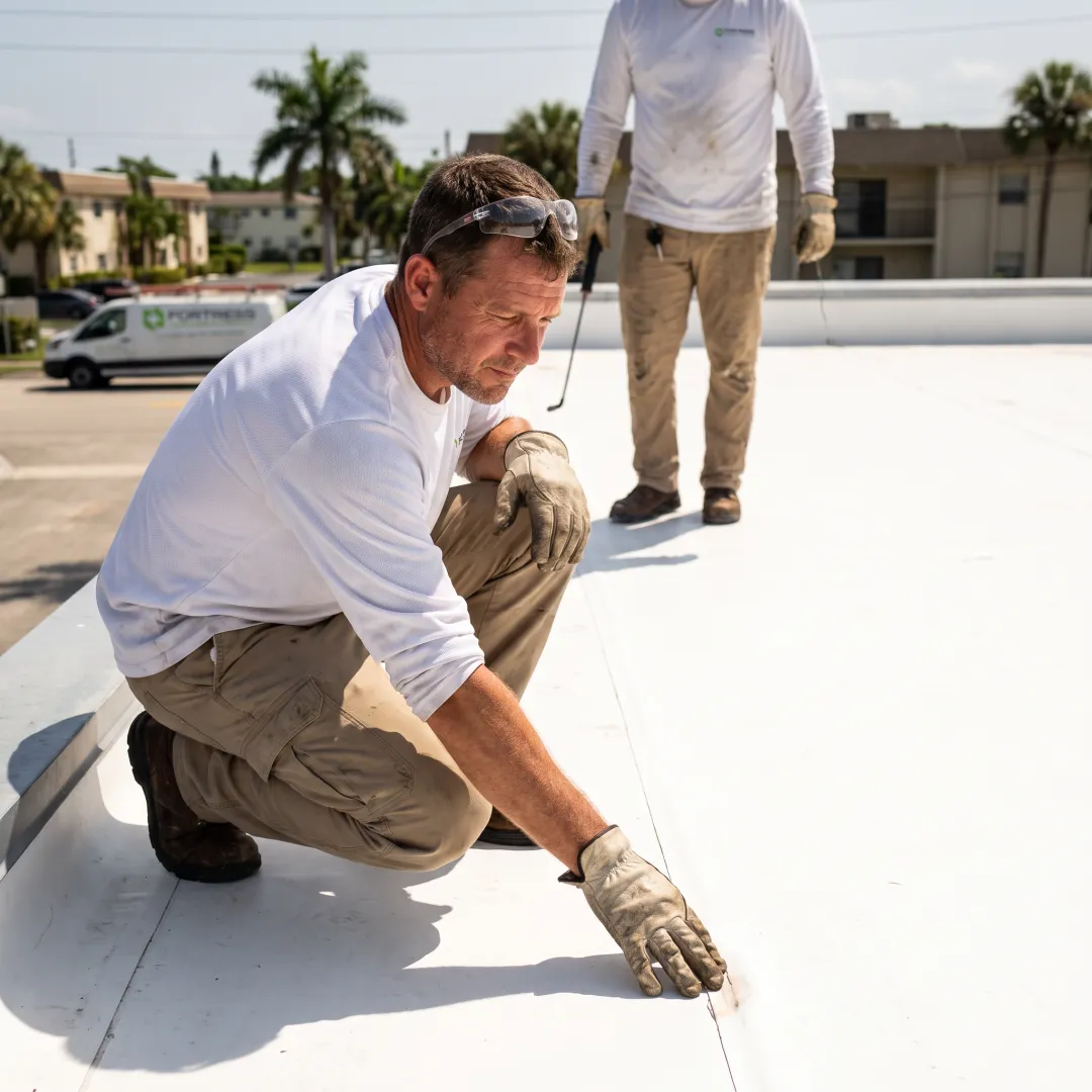 Roofer inspecting a commercial flat roof