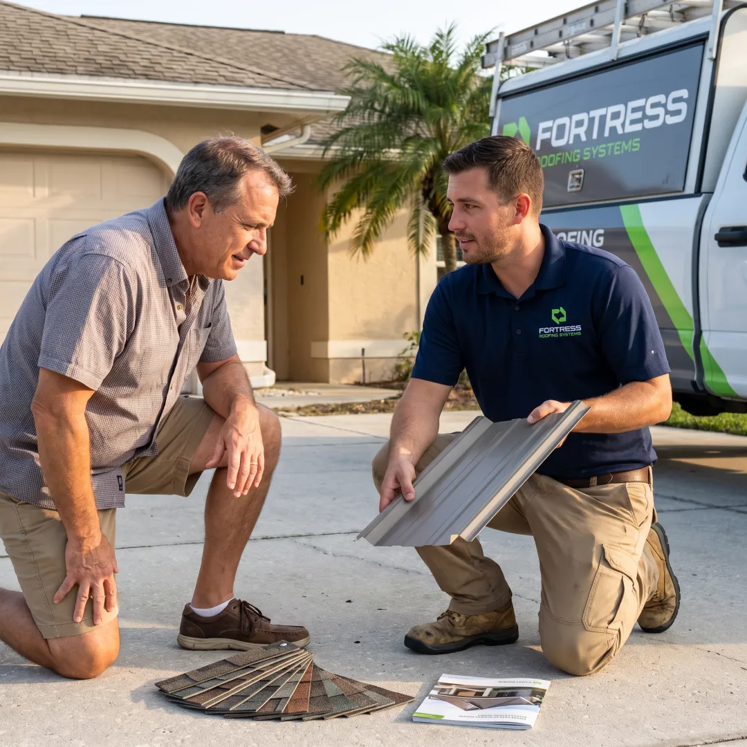 Homeowner reviewing roof replacement materials