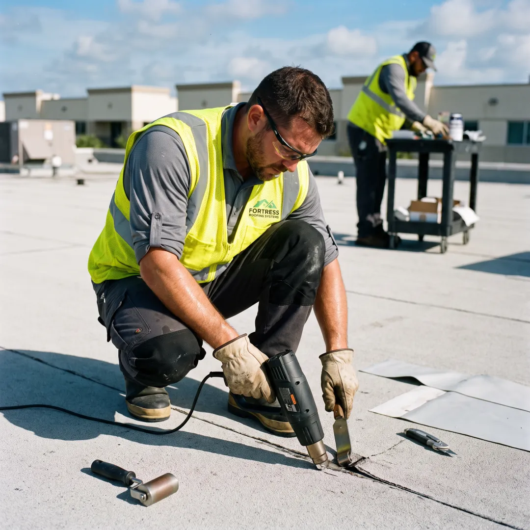 Roofing crew repairing a flat roof seam