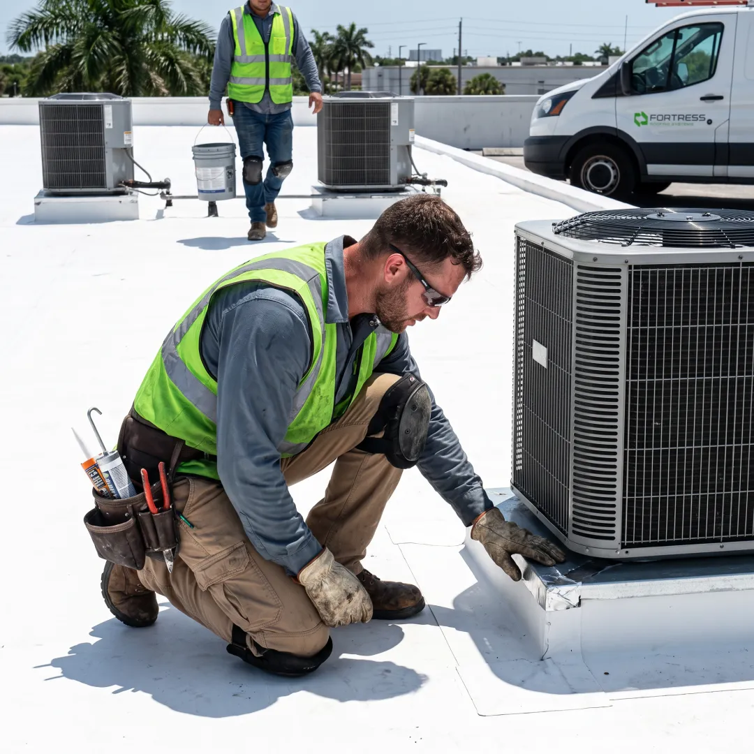 Commercial roof maintenance in progress
