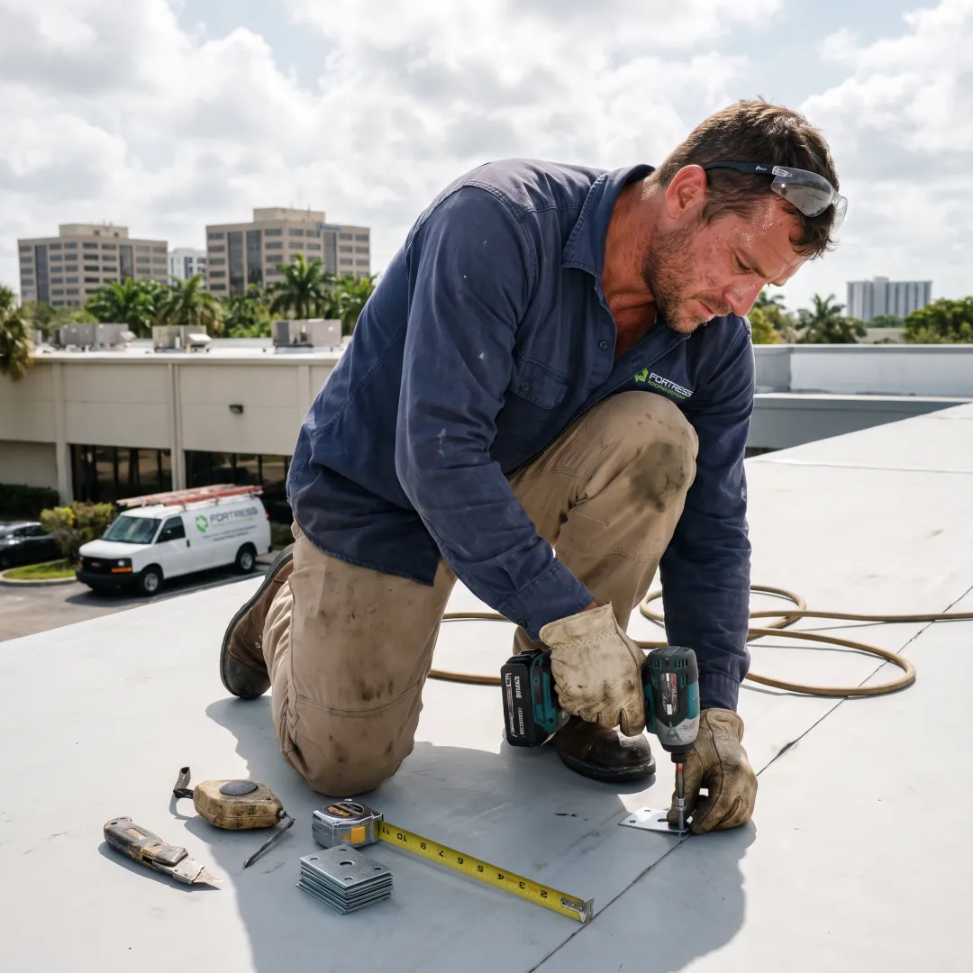Commercial roofer installing a roofing system