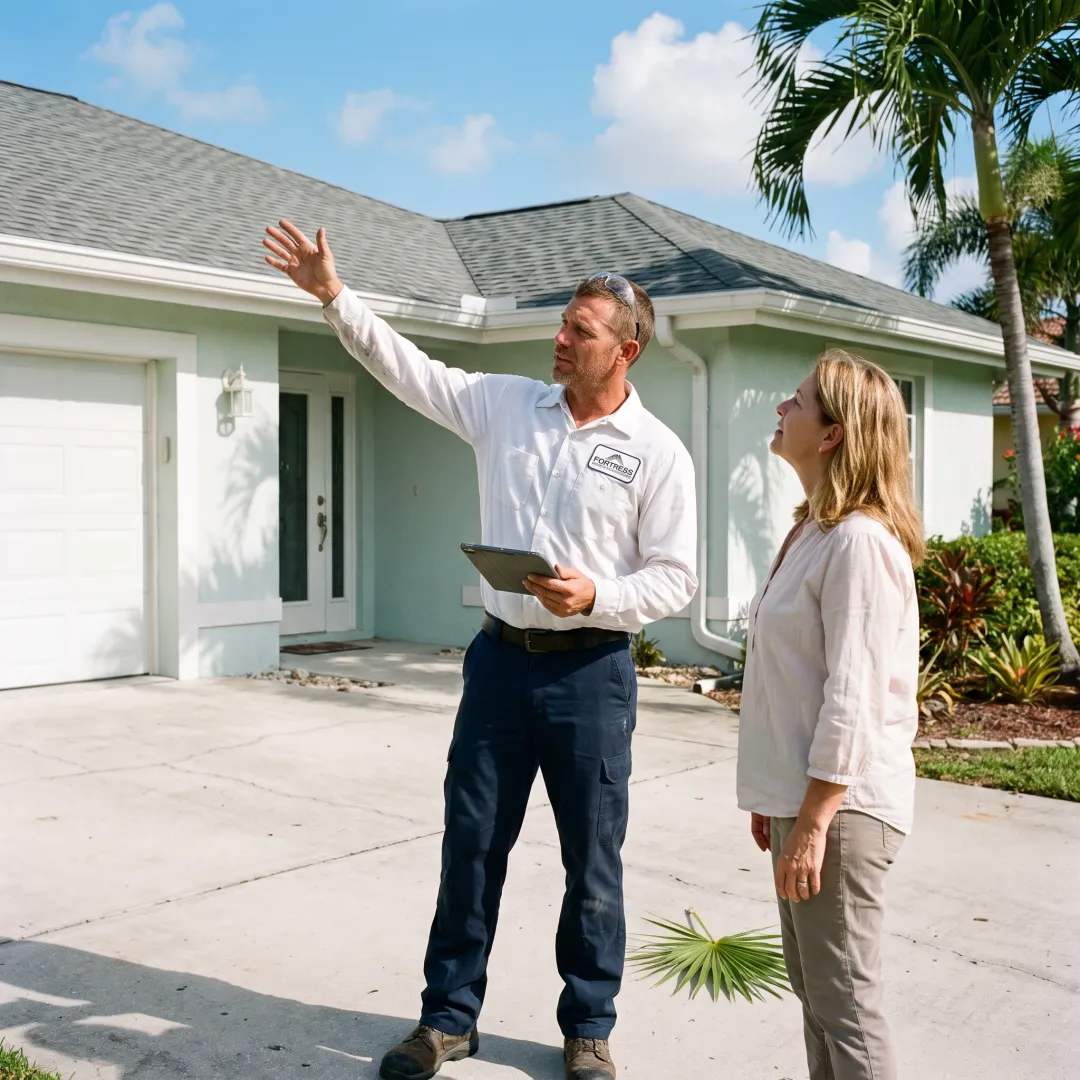 Roofing professional reviewing inspection findings