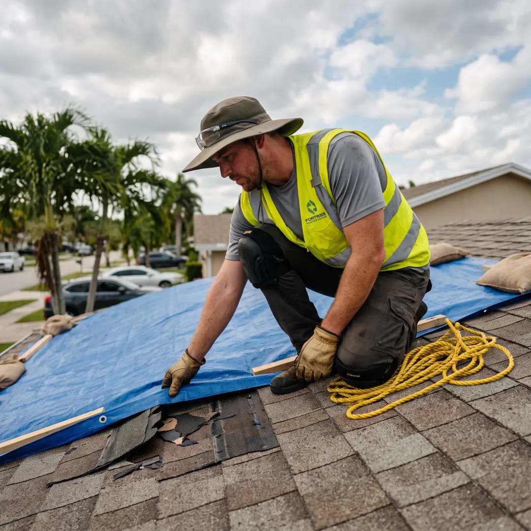 Roofer inspecting tarp installation after storm damage
