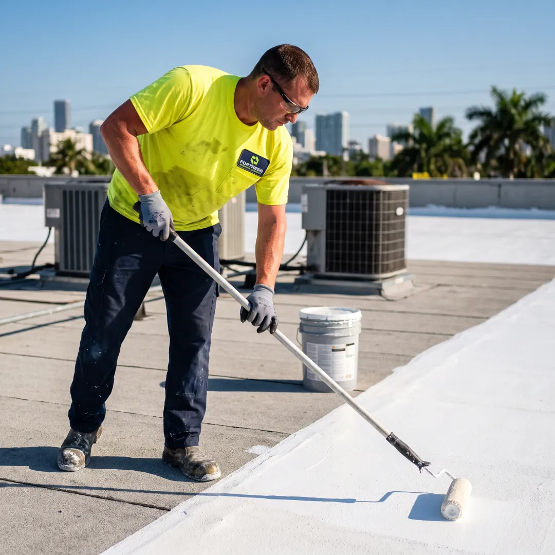 Technician applying protective coating to a commercial roof