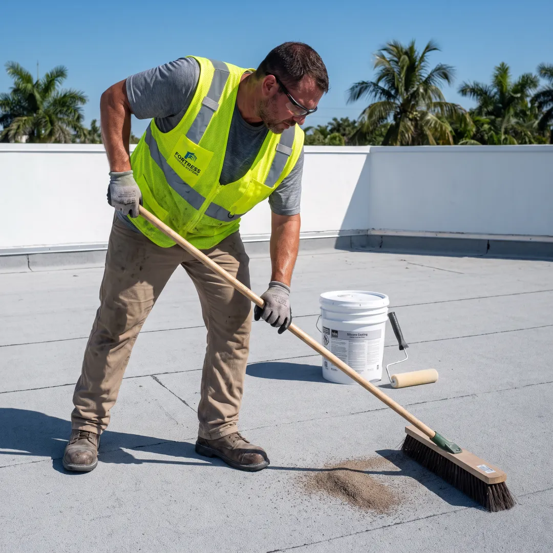 Roofing professional preparing a roof for coating