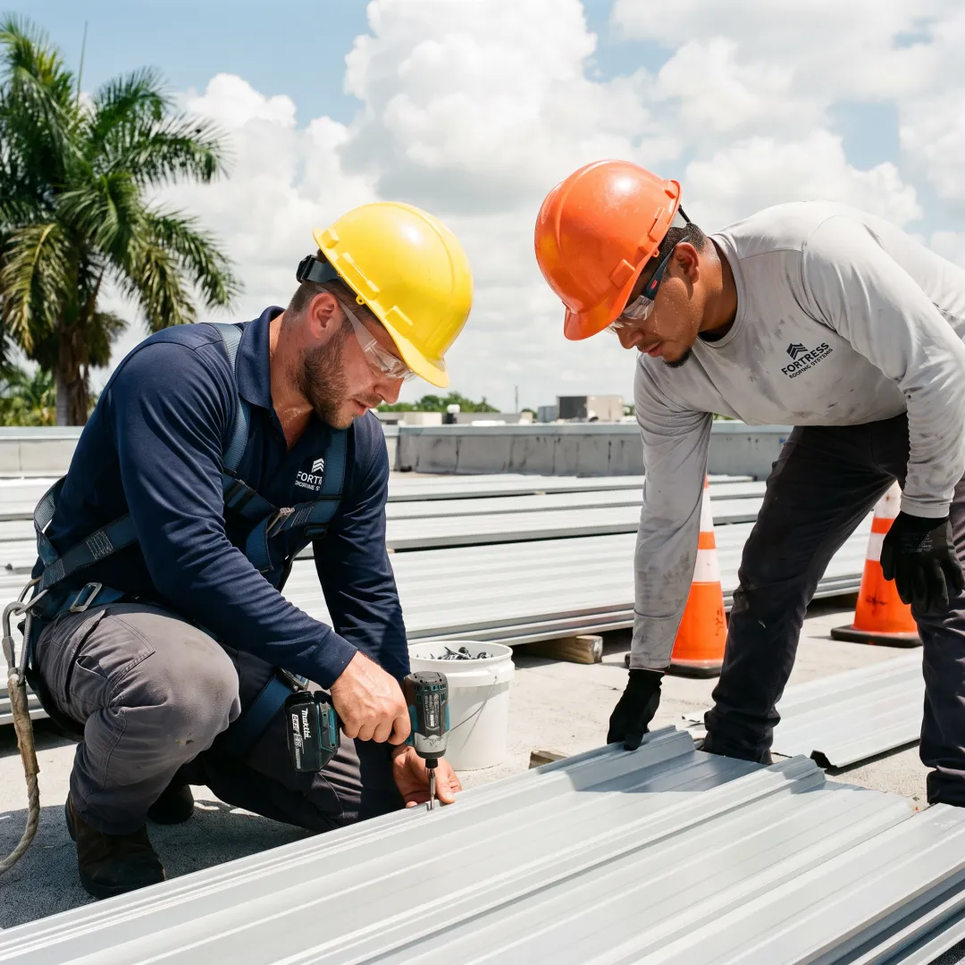 Technicians installing commercial metal roofing