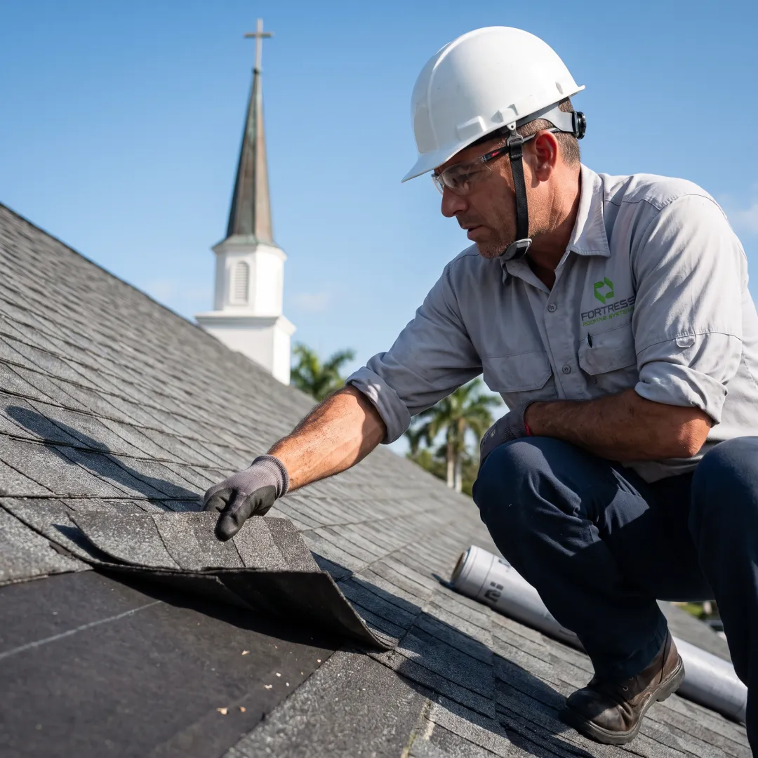 Roofing professional inspecting a church roof
