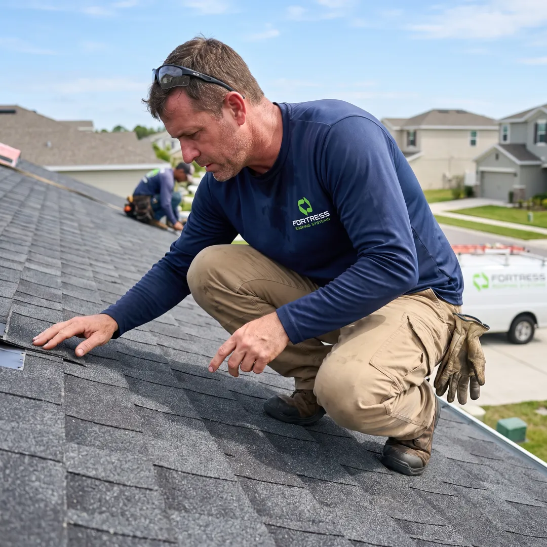 Roofer inspecting newly installed shingles