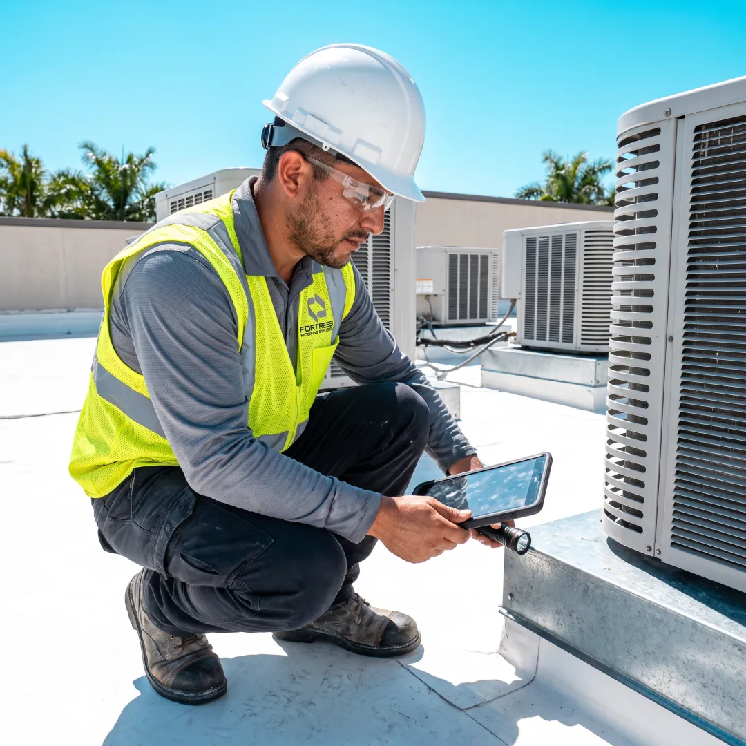 Roofing professional inspecting a hotel roof