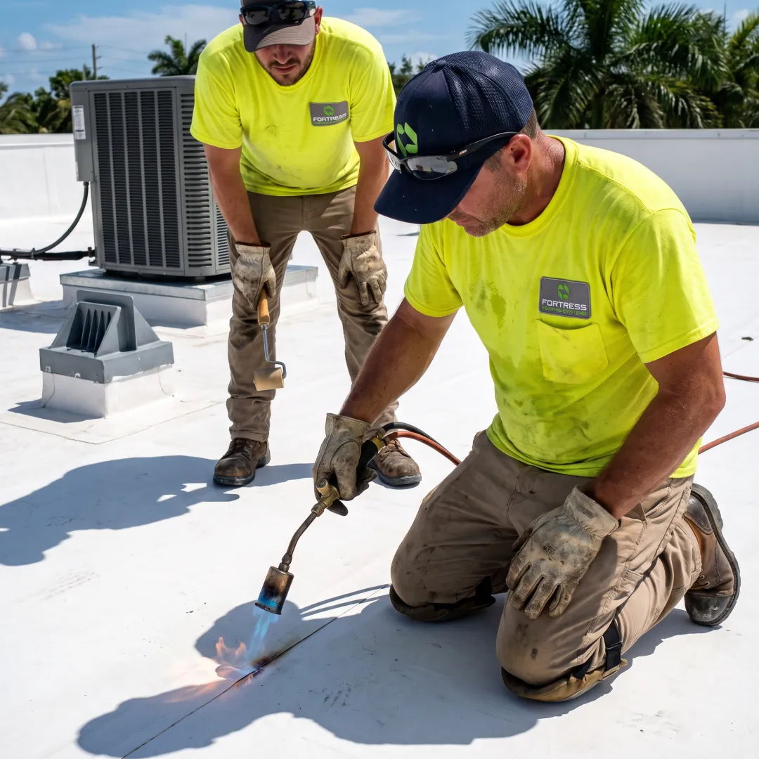 White PVC roofing installation in progress