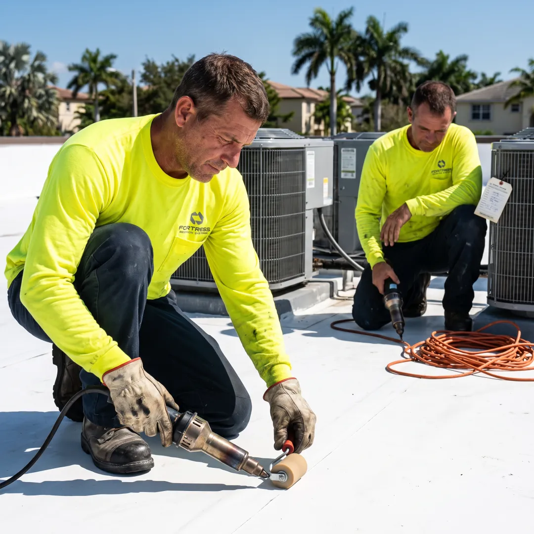 Commercial roofer installing PVC membrane