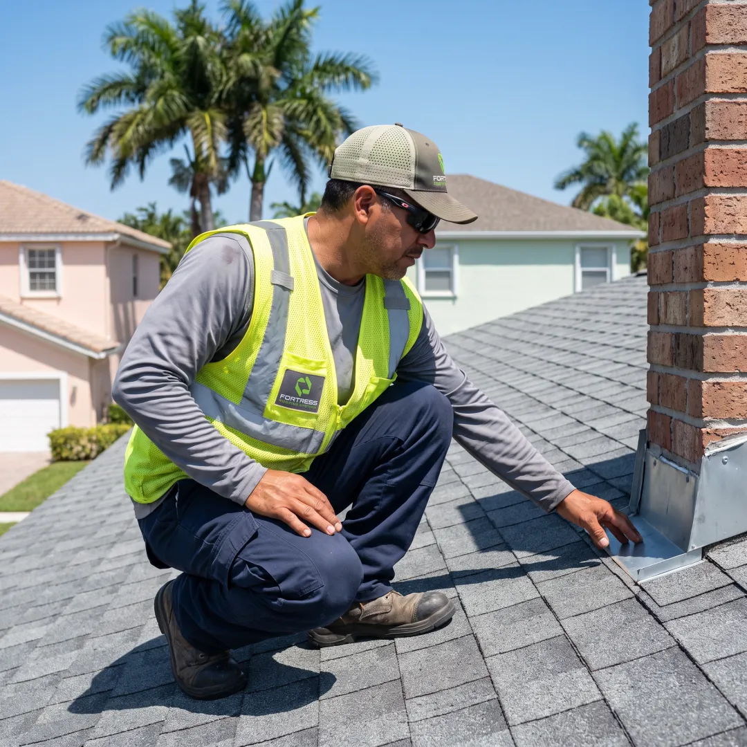 Roofer inspecting a newly installed shingle roof