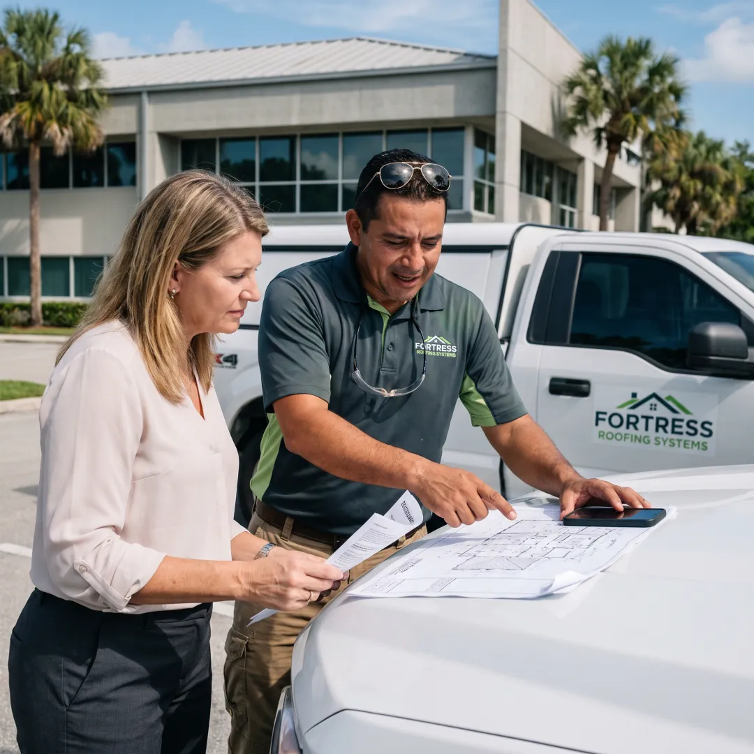 Commercial roofing consultation at a business property