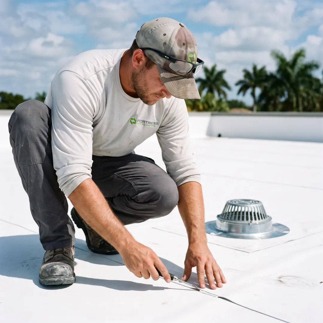 Roofing professional inspecting a white TPO membrane roof