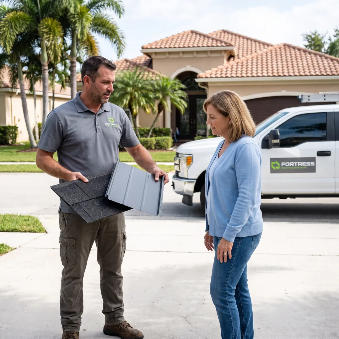 Roofing professional reviewing residential roof options