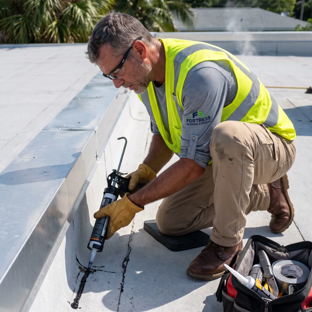 Roofer repairing a flat roof seam