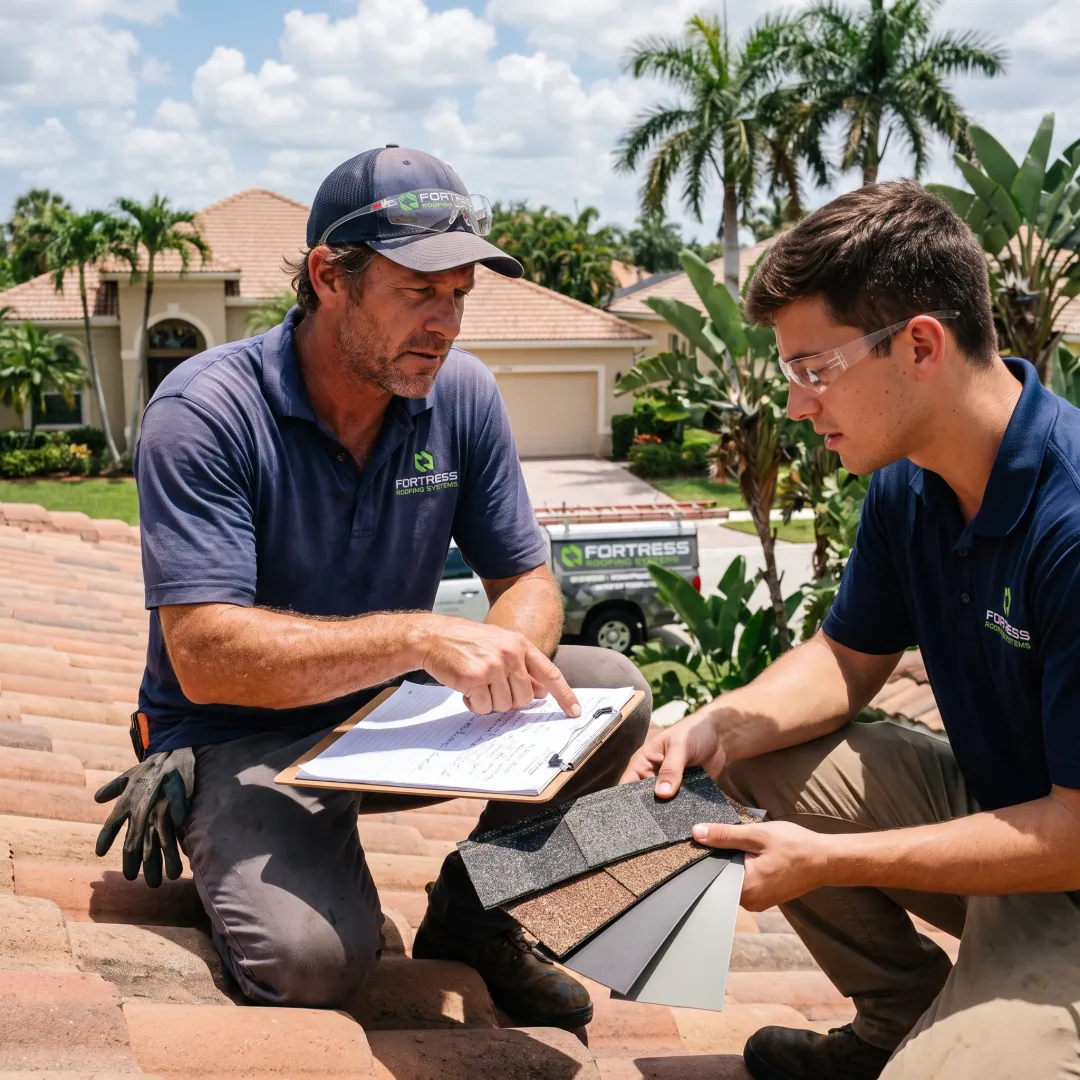 Roofing team reviewing a roof management plan
