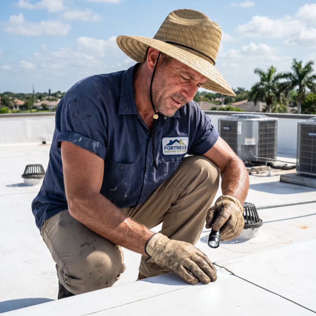 Commercial roofer evaluating a flat roof system