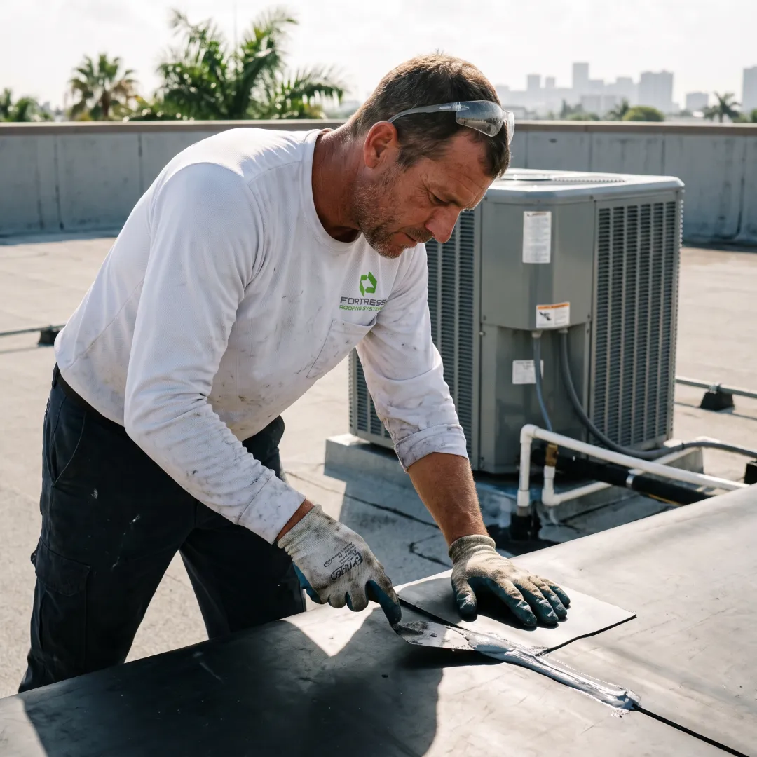 Roofer repairing a commercial roof seam