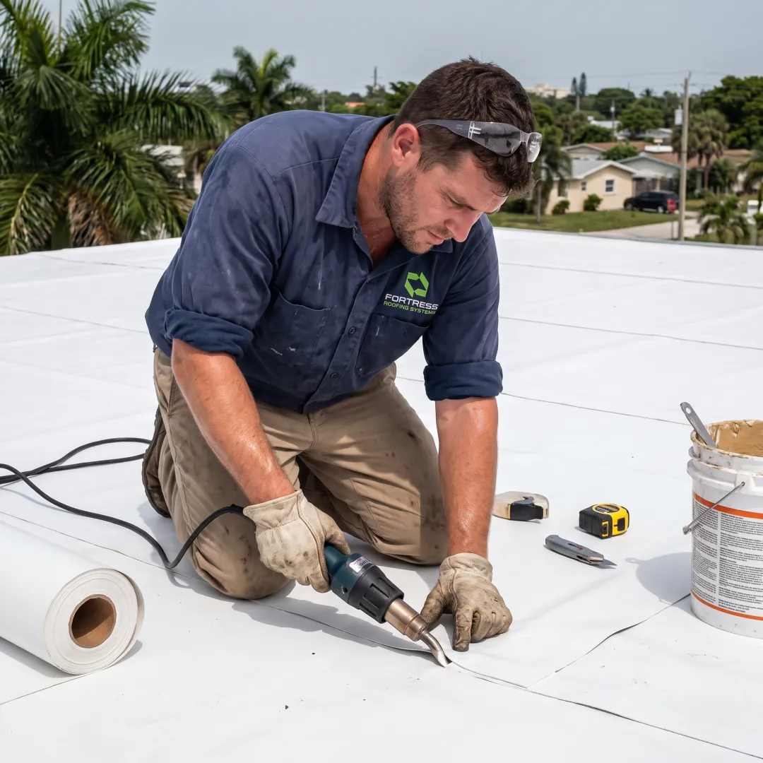 Technician repairing a commercial flat roof