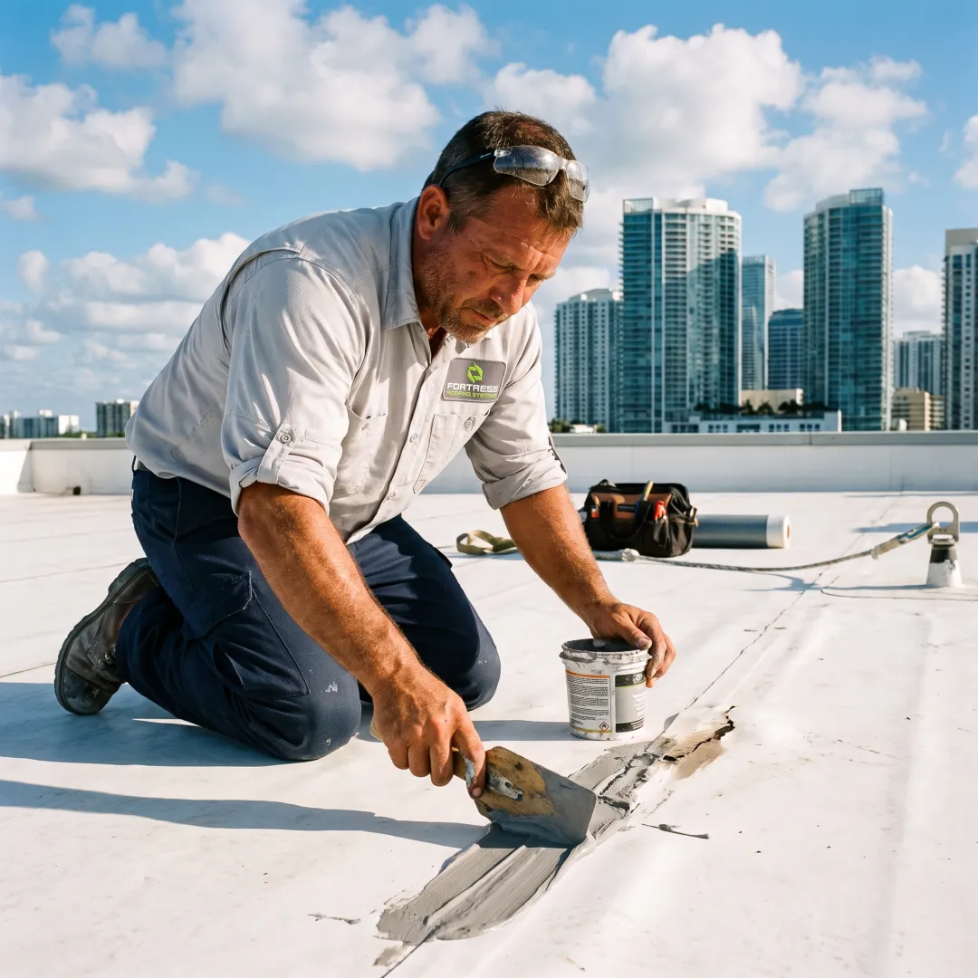 Flat roof repair technician sealing a damaged area