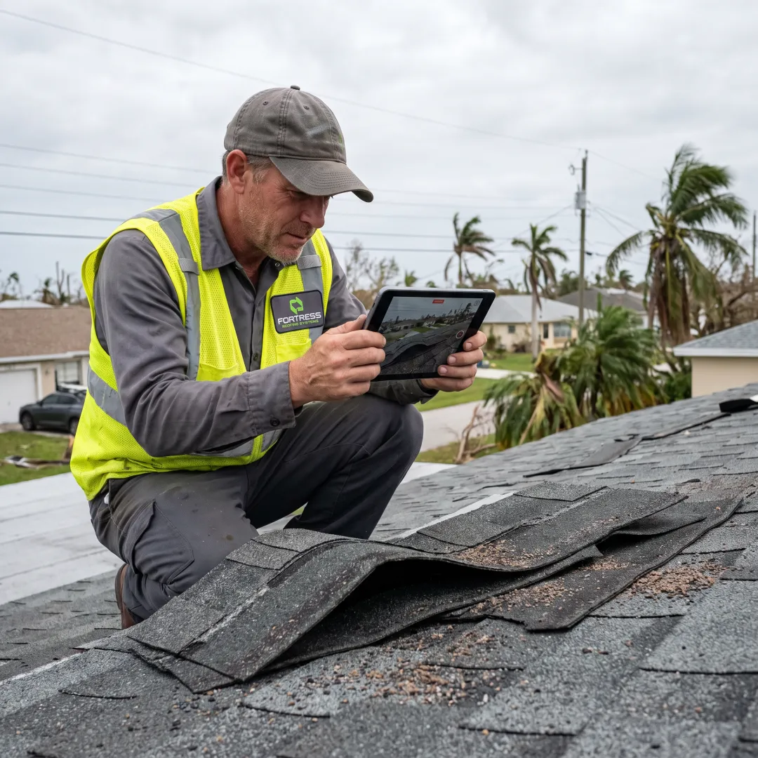 Roofer documenting roof storm damage