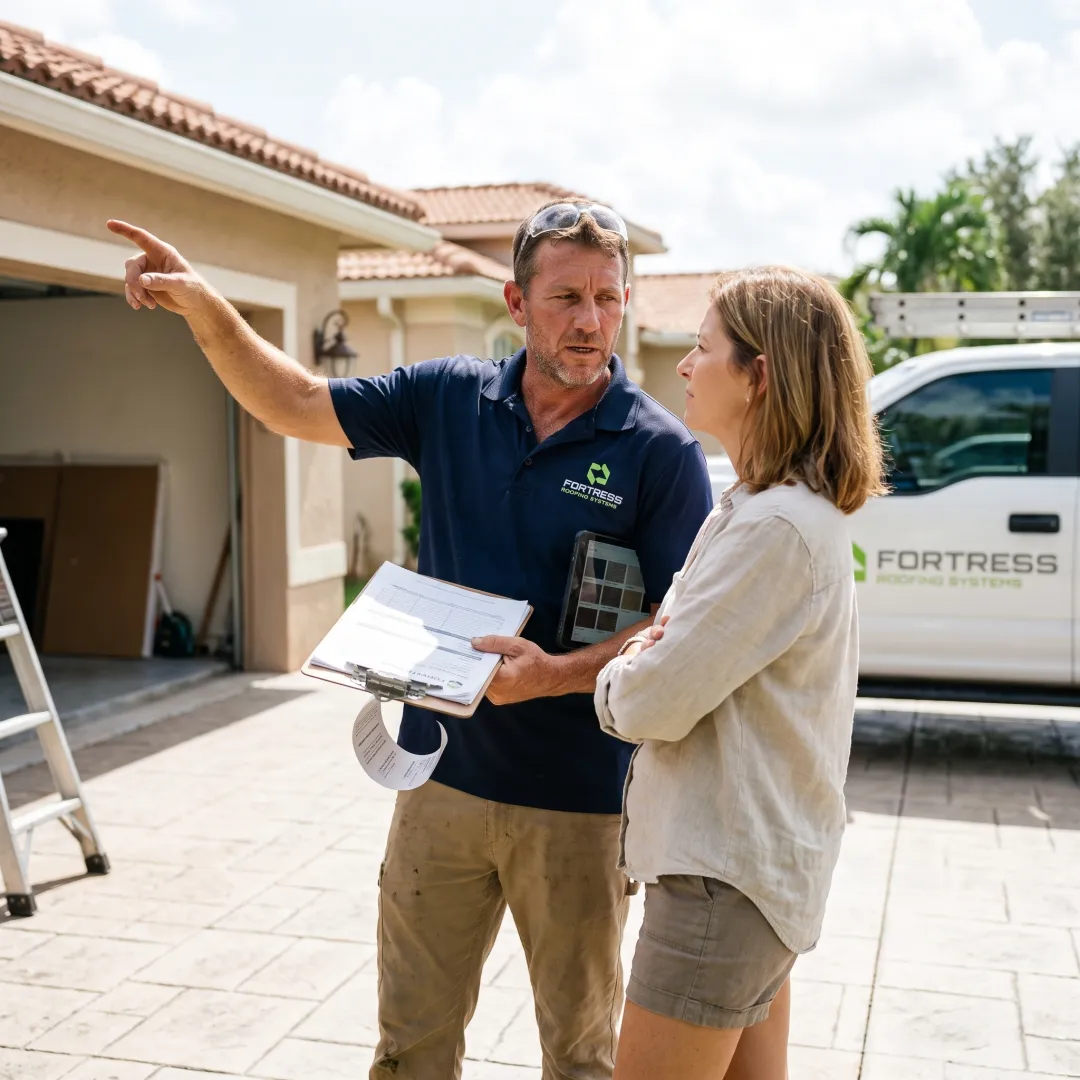 Roofing professional presenting a detailed estimate