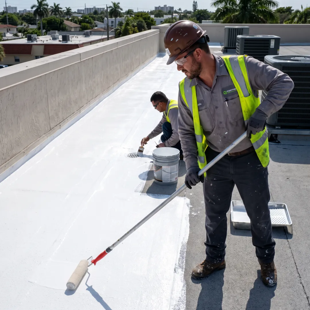 Flat roof coating application on a commercial building