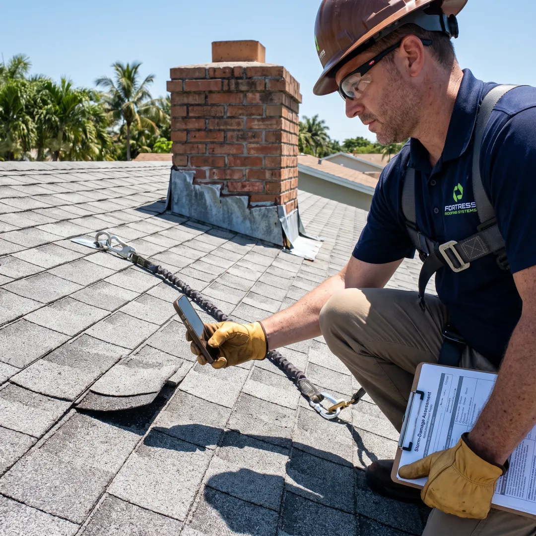 Roofing professional documenting storm damage