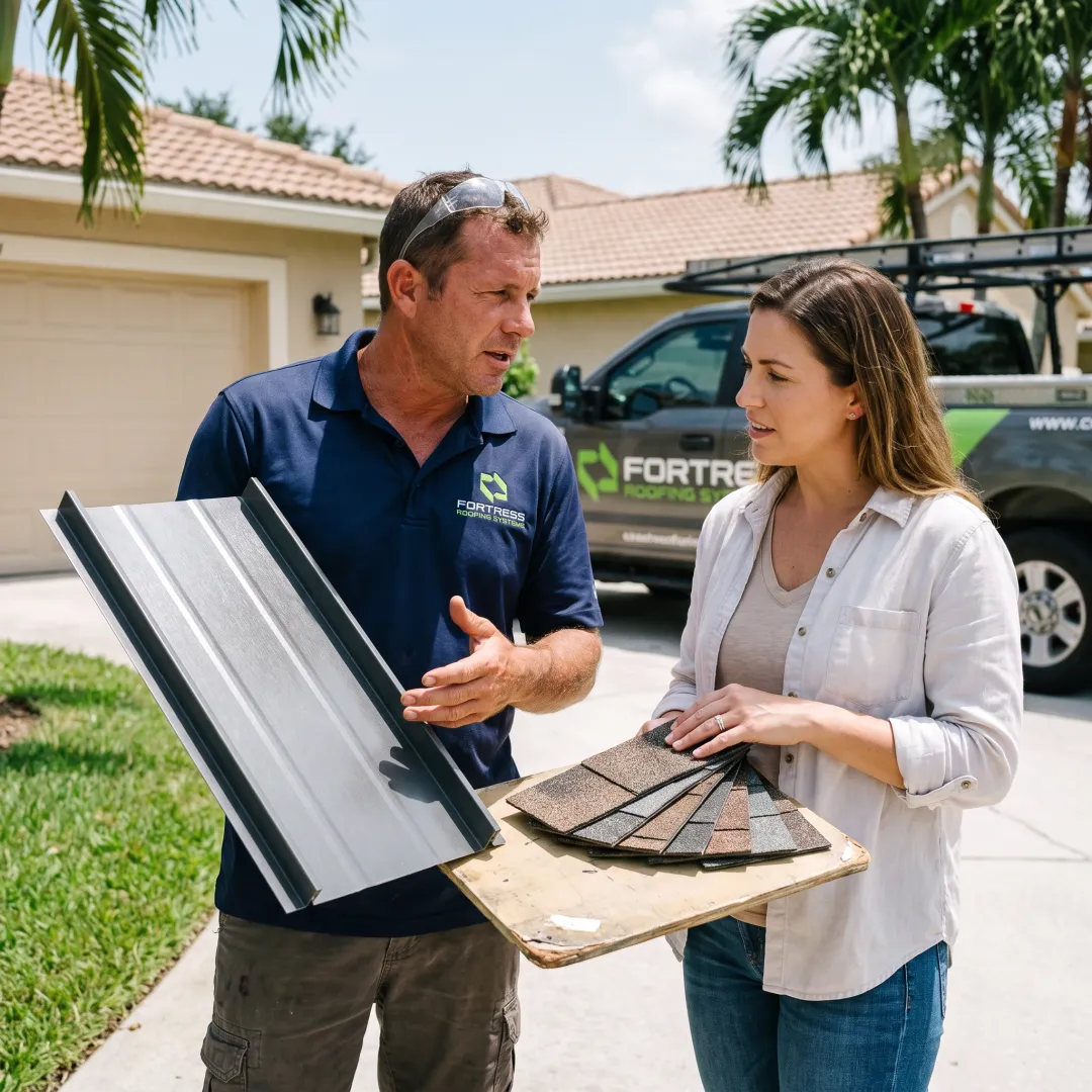 Homeowner reviewing roofing materials with a contractor