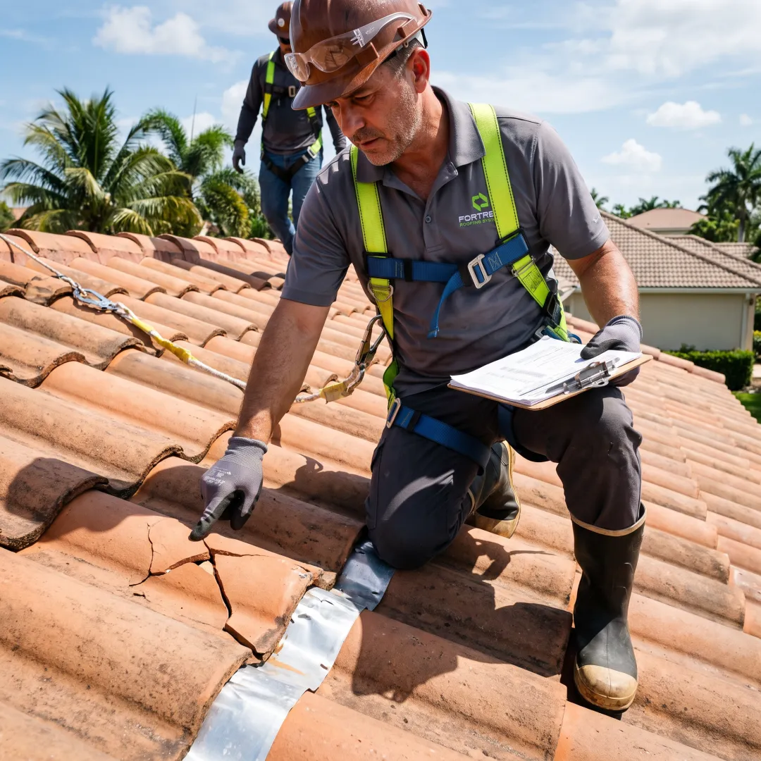 Roofing technician examining clay tile roof damage
