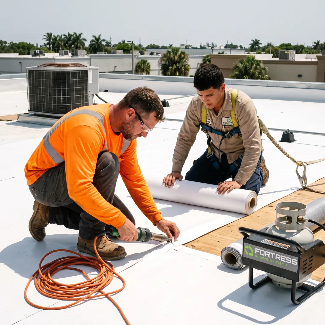 Technicians installing a flat roofing system