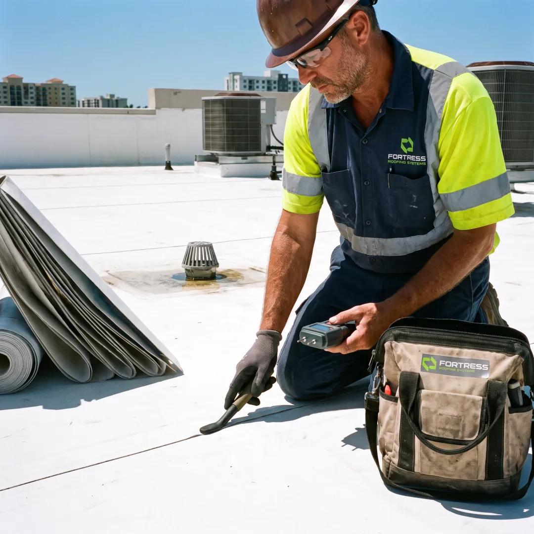 Technician inspecting a commercial roof