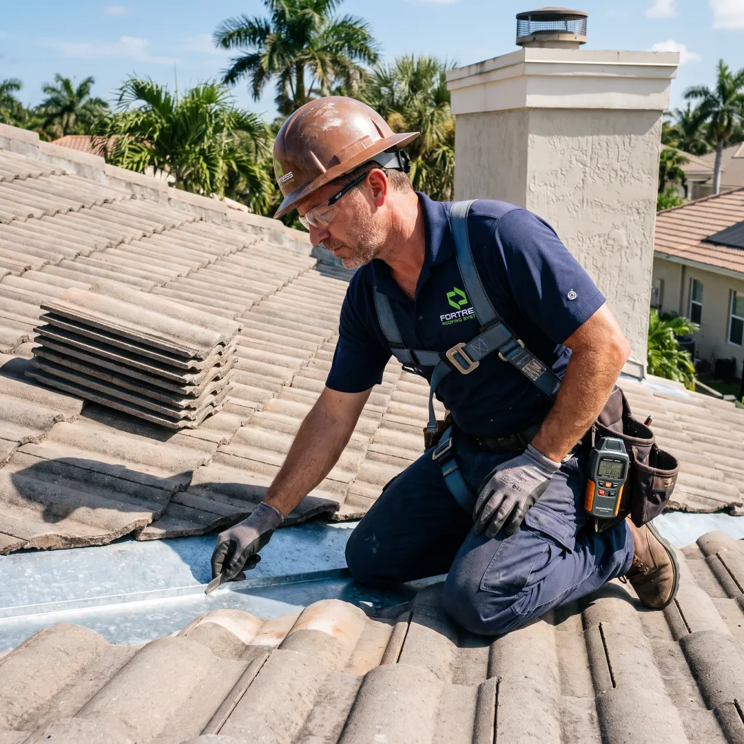 Roofer inspecting tile roof condition