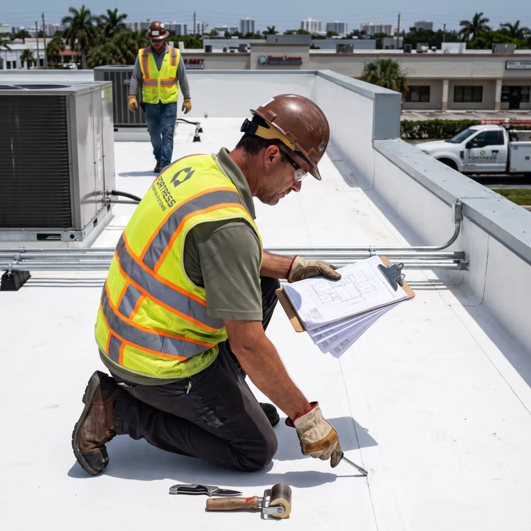 Technician reviewing a commercial roof plan