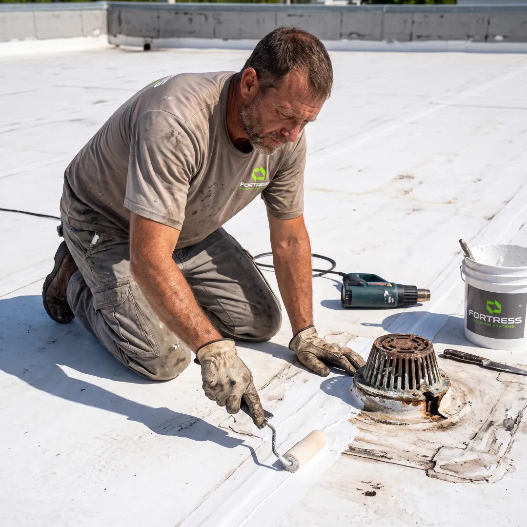 Roofing technician repairing a flat roof seam