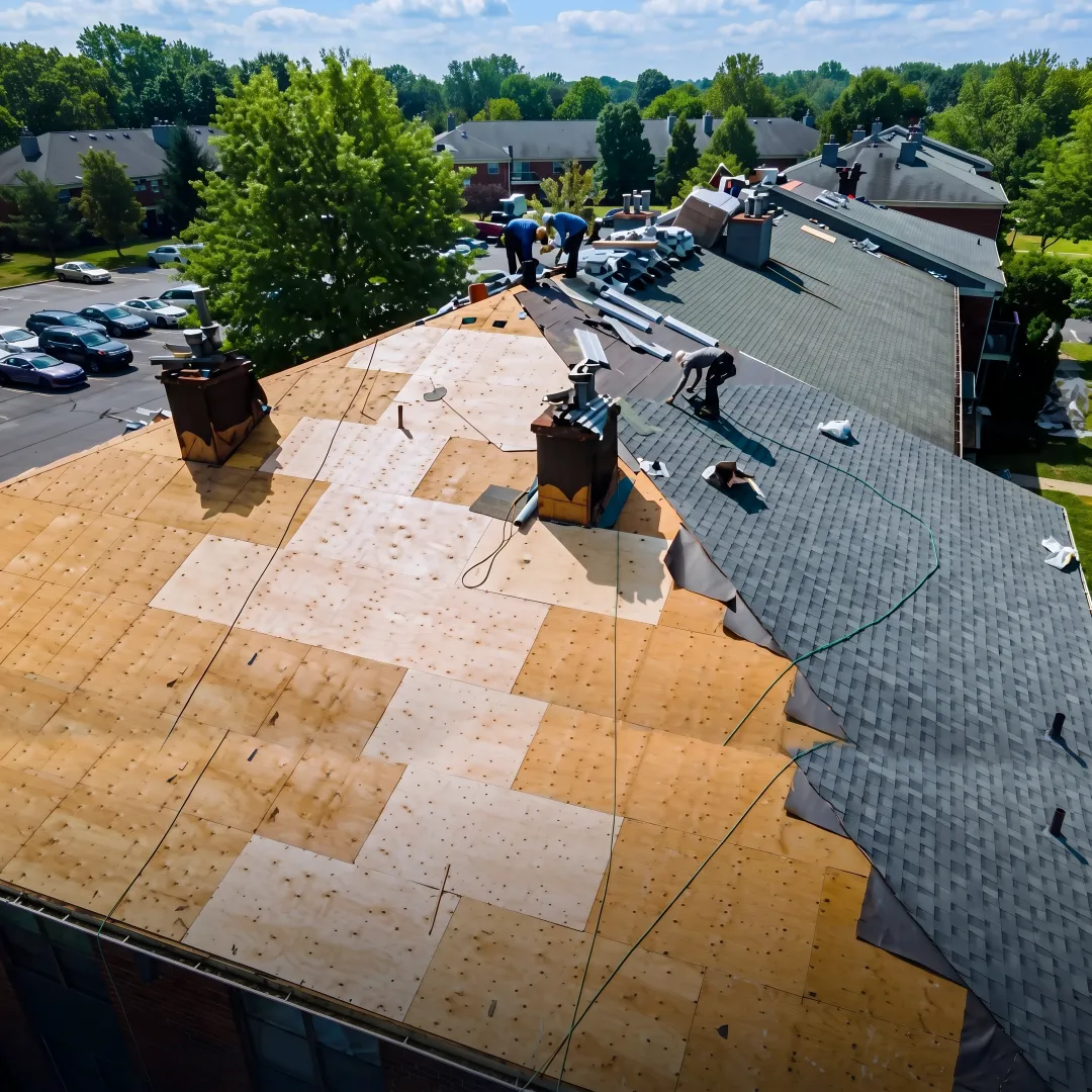 Commercial roofing team installing a roof system
