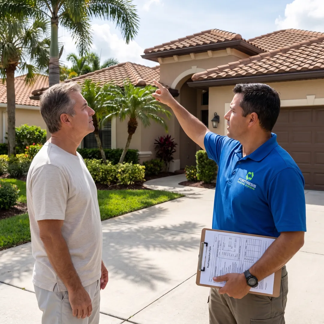 Roofing professional reviewing inspection findings