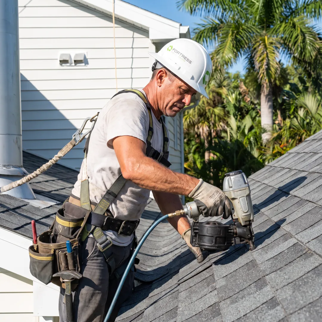 Installer fitting shingles on a residential roof