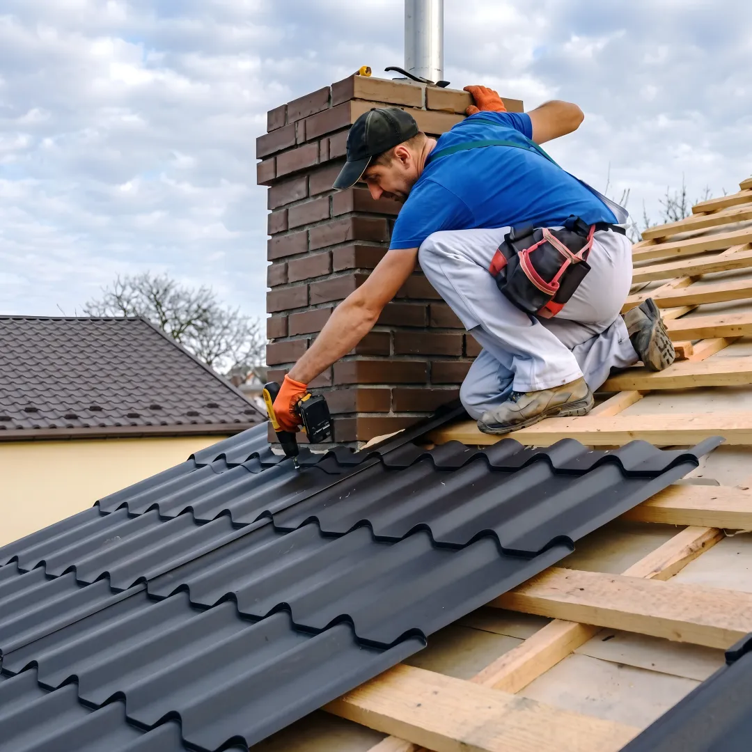 Roofer installing standing-seam metal roofing panels