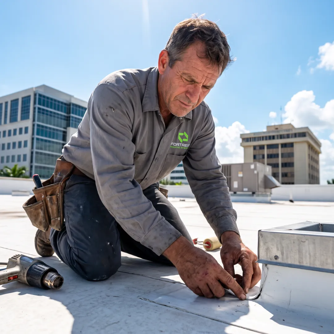 Technician evaluating commercial roof surface
